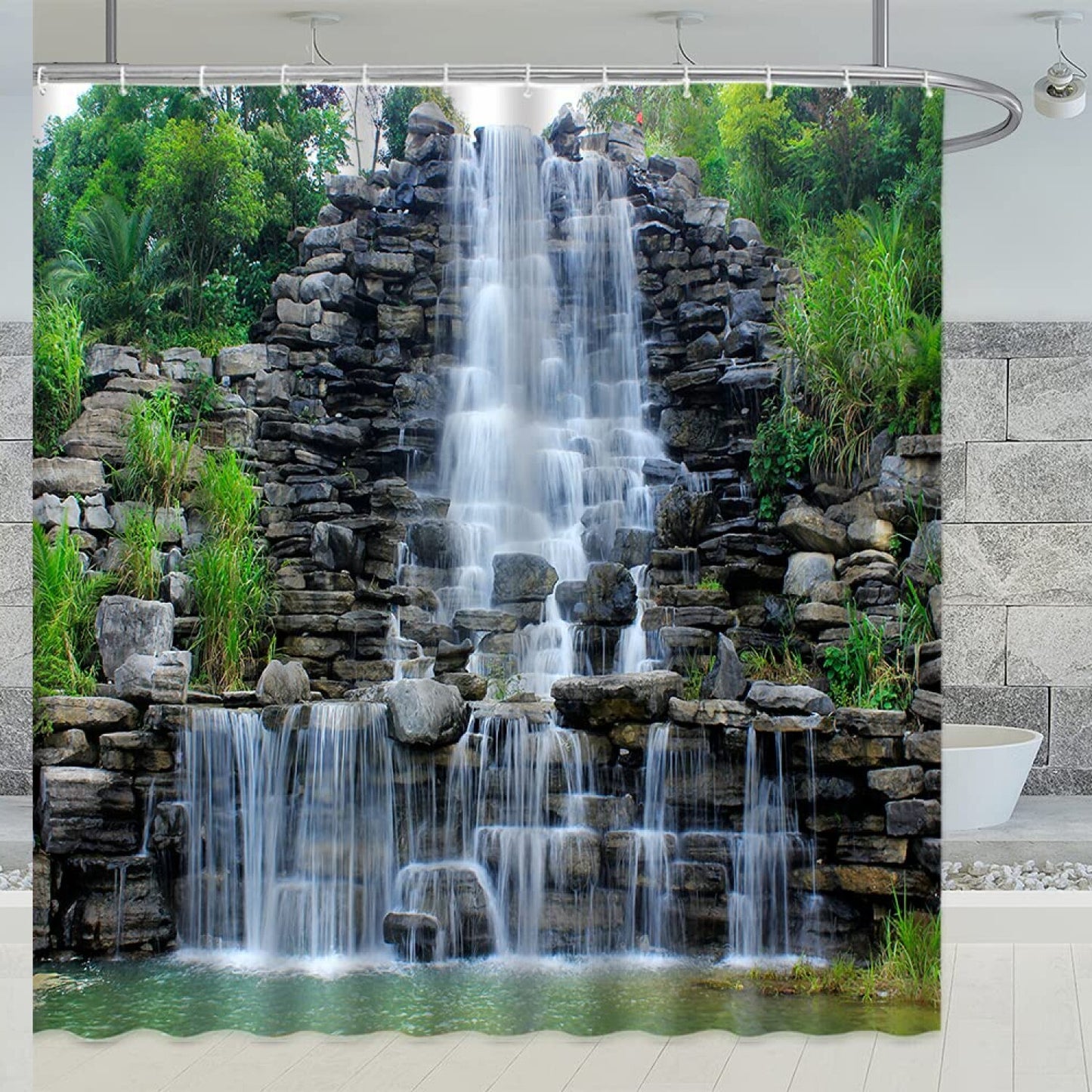 Waterfall Shower Curtain 70x70 Inches Green Landscape