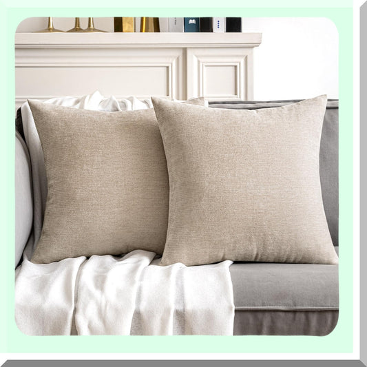 Chenille Farmhouse Pillow Covers - Set of 2 Beige 18x18 Inch Soft Cushion Throw Pillows for Spring Home Decor in Living Room or Bedroom