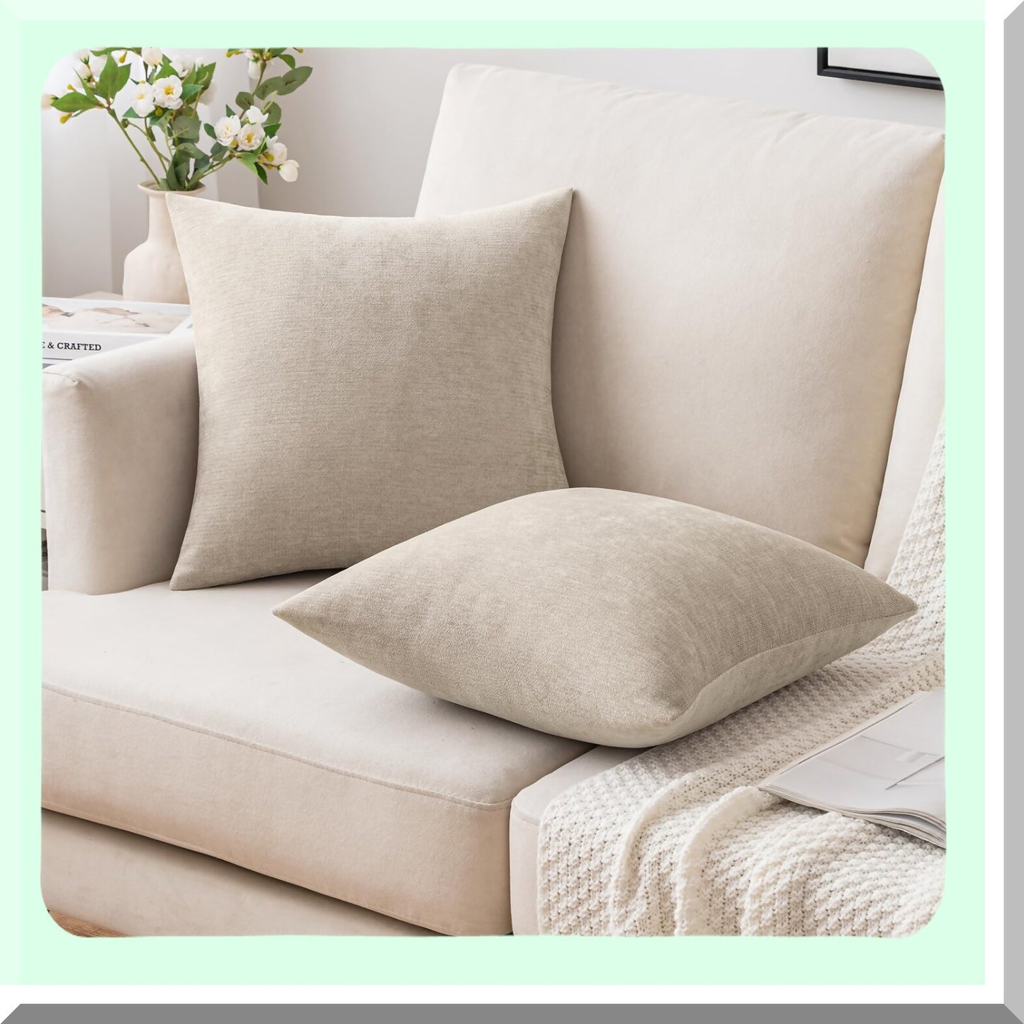 Chenille Farmhouse Pillow Covers - Set of 2 Beige 18x18 Inch Soft Cushion Throw Pillows for Spring Home Decor in Living Room or Bedroom