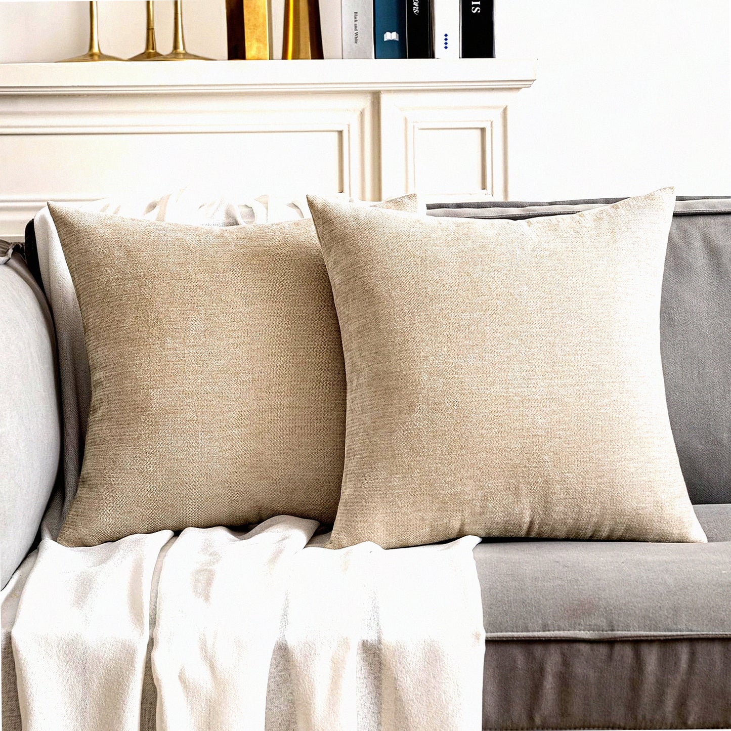 Chenille Farmhouse Pillow Covers - Set of 2 Beige 18x18 Inch Soft Cushion Throw Pillows for Spring Home Decor in Living Room or Bedroom