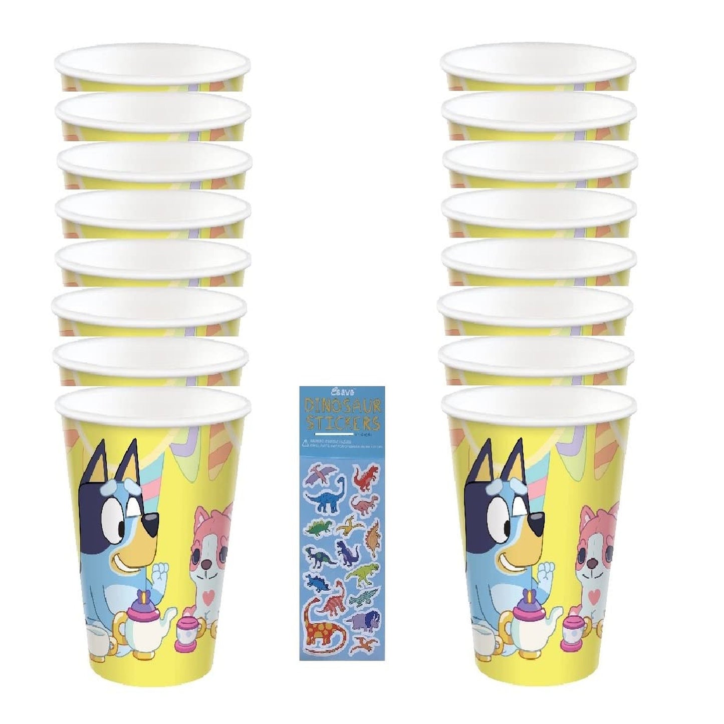 Bluey Dino Party Pack - 16 Cups & Sticker Sheet - Birthday Supplies for Kids - Fun Dinosaur Theme - Party Decorations Set - Eco-Friendly Materials