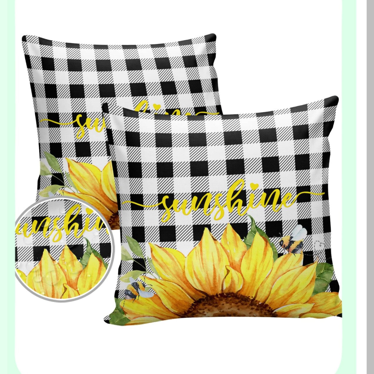 Sunflower Buzz Outdoor Pillow Covers - Set of 2 | Watercolor Honeybee Decorative Throw Pillowcase | Waterproof Yellow Flower Black White Plaid Cotton Linen | Soft Cozy Cushion Cover | Pillowsham 18x18In