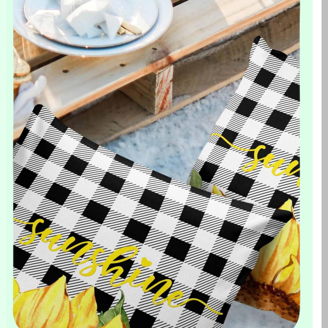 Sunflower Buzz Outdoor Pillow Covers - Set of 2 | Watercolor Honeybee Decorative Throw Pillowcase | Waterproof Yellow Flower Black White Plaid Cotton Linen | Soft Cozy Cushion Cover | Pillowsham 18x18In