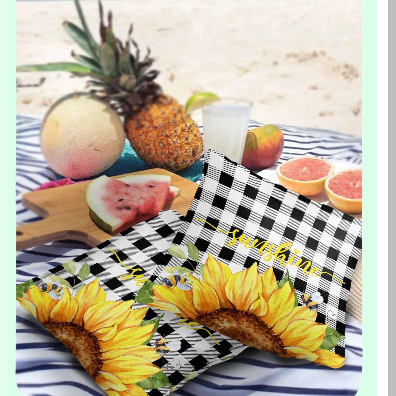 Sunflower Buzz Outdoor Pillow Covers - Set of 2 | Watercolor Honeybee Decorative Throw Pillowcase | Waterproof Yellow Flower Black White Plaid Cotton Linen | Soft Cozy Cushion Cover | Pillowsham 18x18In