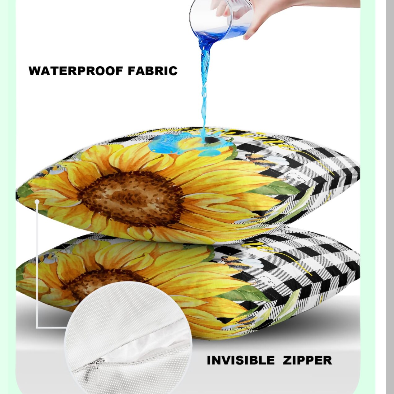 Sunflower Buzz Outdoor Pillow Covers - Set of 2 | Watercolor Honeybee Decorative Throw Pillowcase | Waterproof Yellow Flower Black White Plaid Cotton Linen | Soft Cozy Cushion Cover | Pillowsham 18x18In