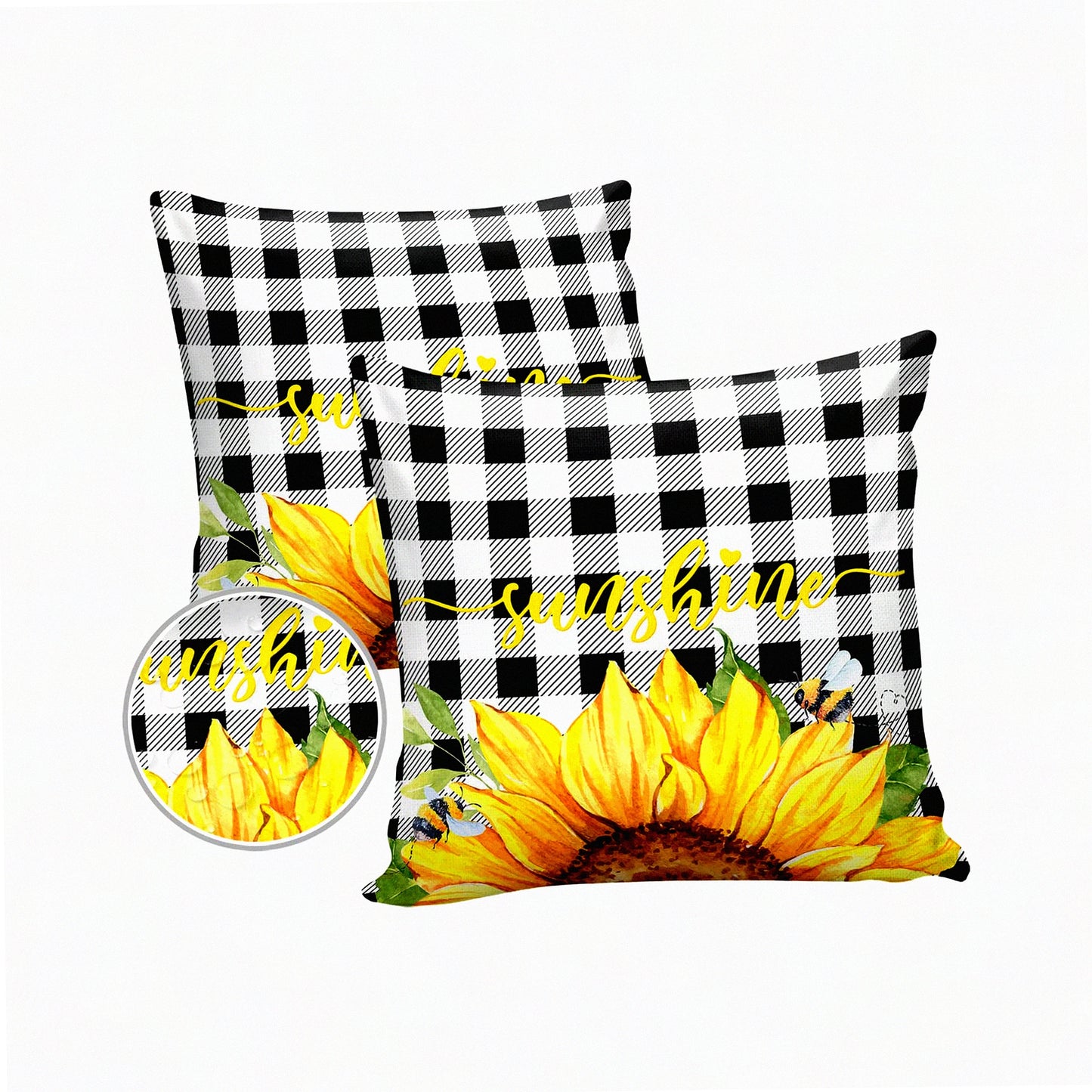 Sunflower Buzz Outdoor Pillow Covers - Set of 2 | Watercolor Honeybee Decorative Throw Pillowcase | Waterproof Yellow Flower Black White Plaid Cotton Linen | Soft Cozy Cushion Cover | Pillowsham 18x18In