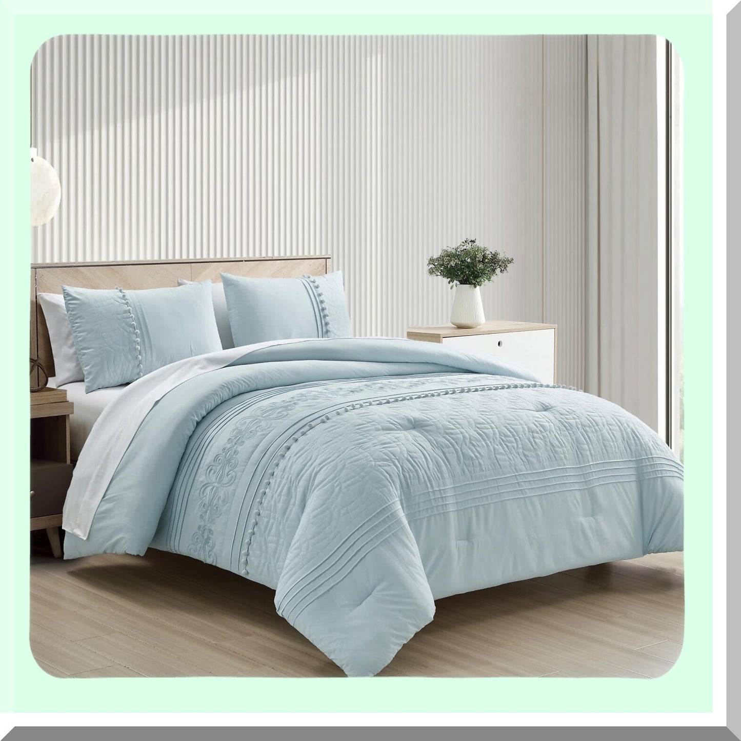 Floral Pom Pom California Comforter Set - 7-Piece Chenille Embroidered Stripe Bed in a Bag with Sheets, All Season Bedding - Pale Blue