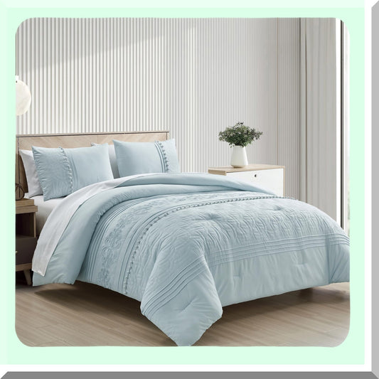 Floral Pom Pom California Comforter Set - 7-Piece Chenille Embroidered Stripe Bed in a Bag with Sheets, All Season Bedding - Pale Blue