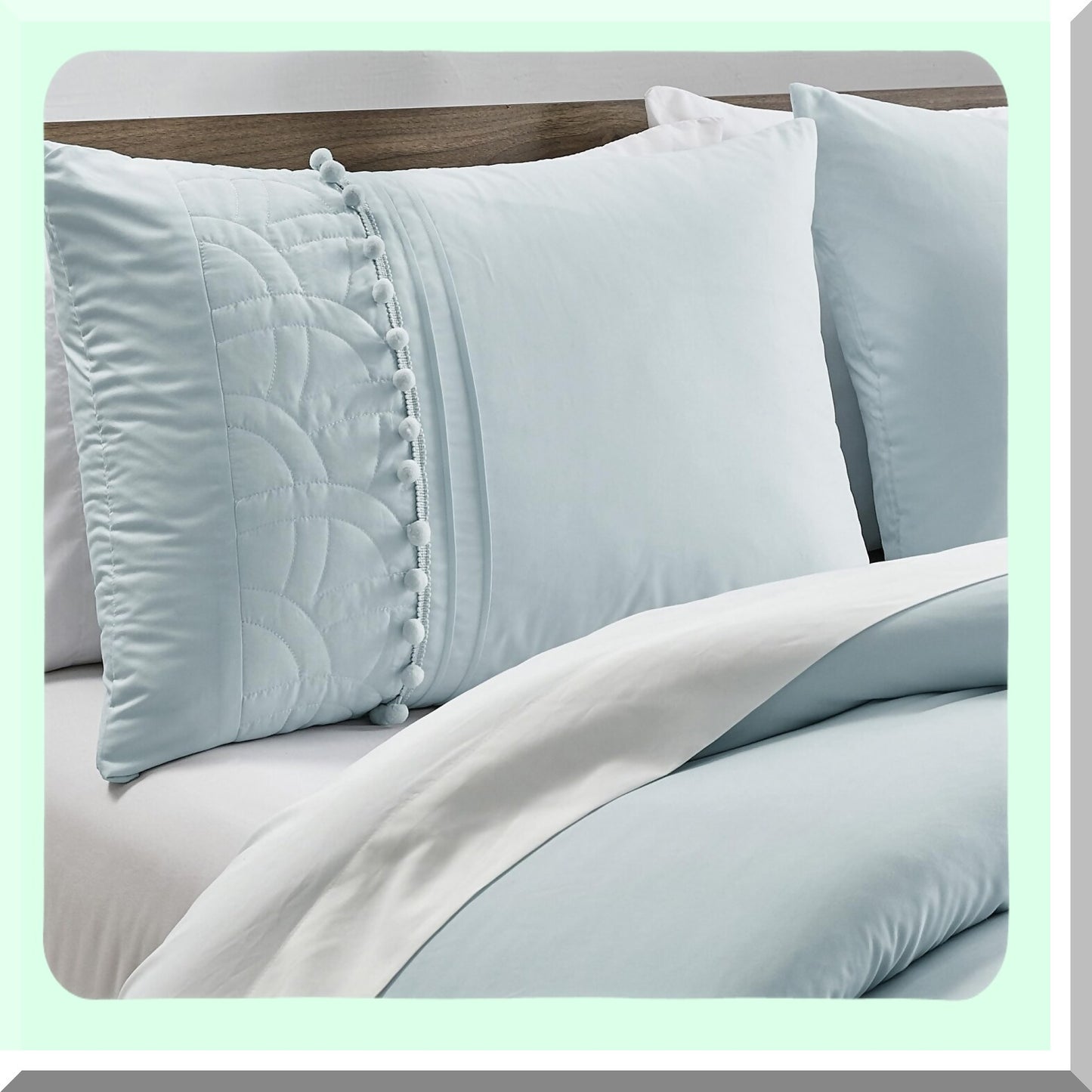 Floral Pom Pom California Comforter Set - 7-Piece Chenille Embroidered Stripe Bed in a Bag with Sheets, All Season Bedding - Pale Blue