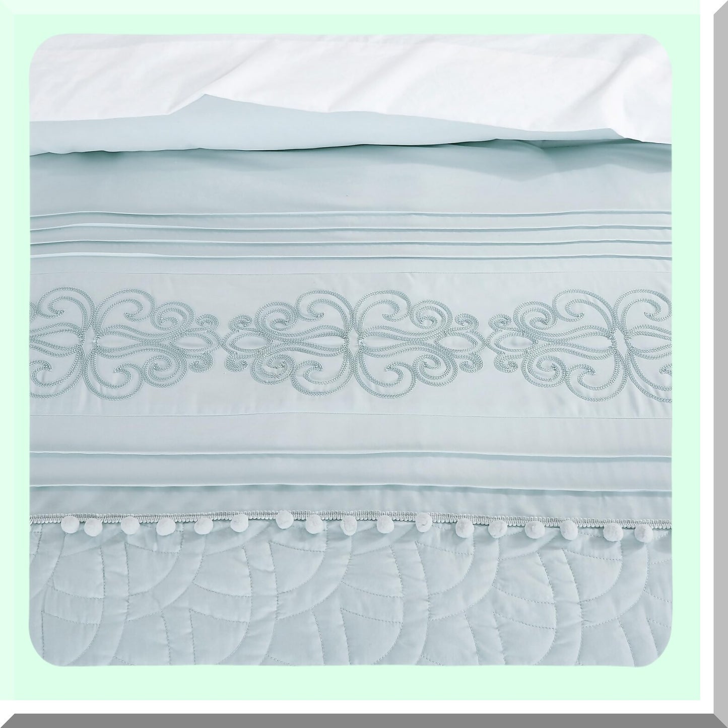 Floral Pom Pom California Comforter Set - 7-Piece Chenille Embroidered Stripe Bed in a Bag with Sheets, All Season Bedding - Pale Blue