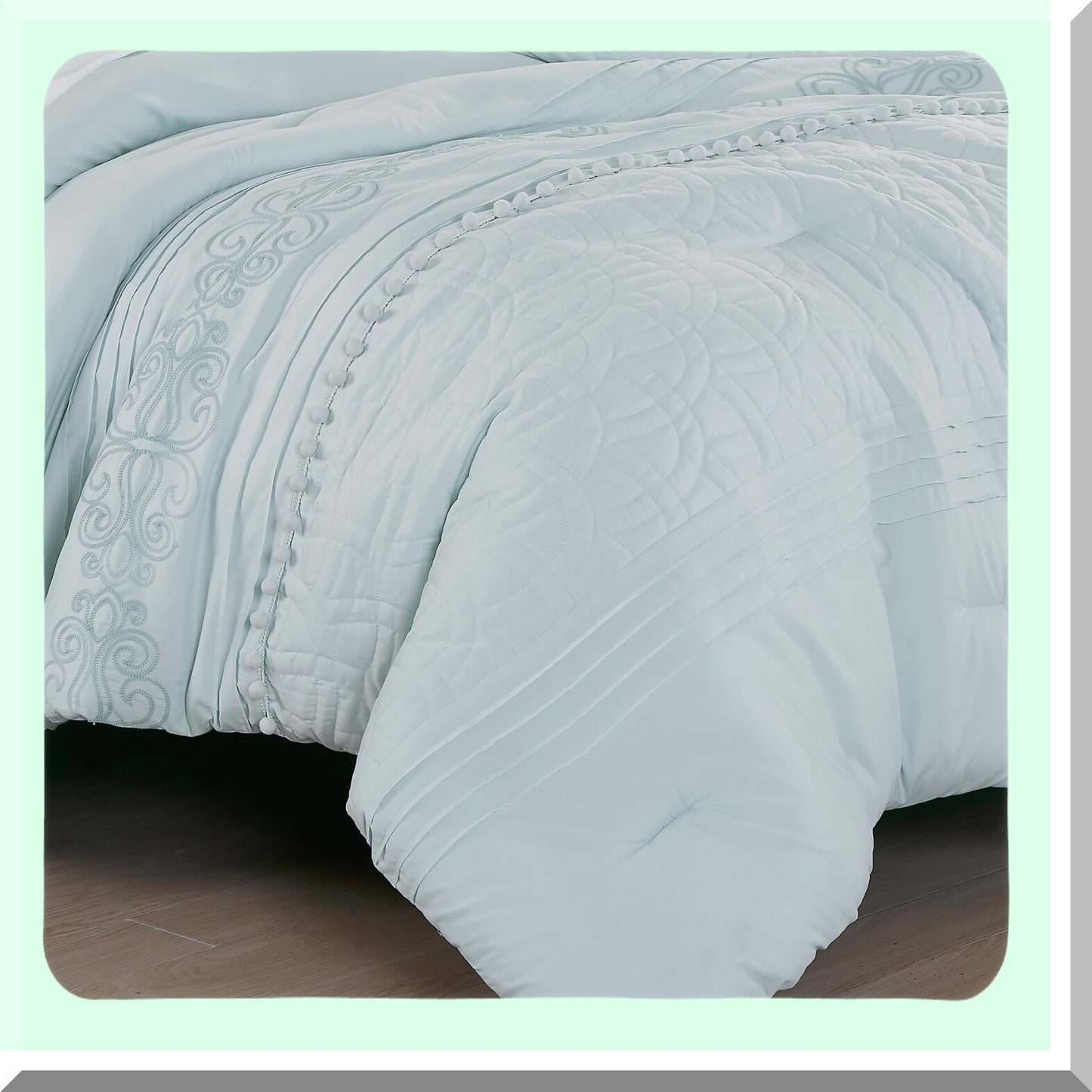 Floral Pom Pom California Comforter Set - 7-Piece Chenille Embroidered Stripe Bed in a Bag with Sheets, All Season Bedding - Pale Blue
