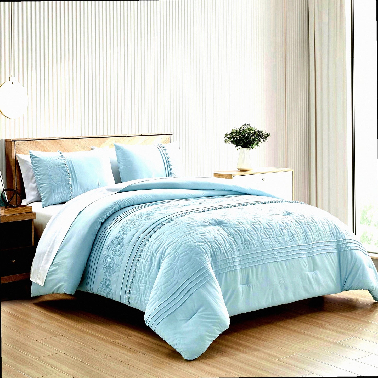 Floral Pom Pom California Comforter Set - 7-Piece Chenille Embroidered Stripe Bed in a Bag with Sheets, All Season Bedding - Pale Blue