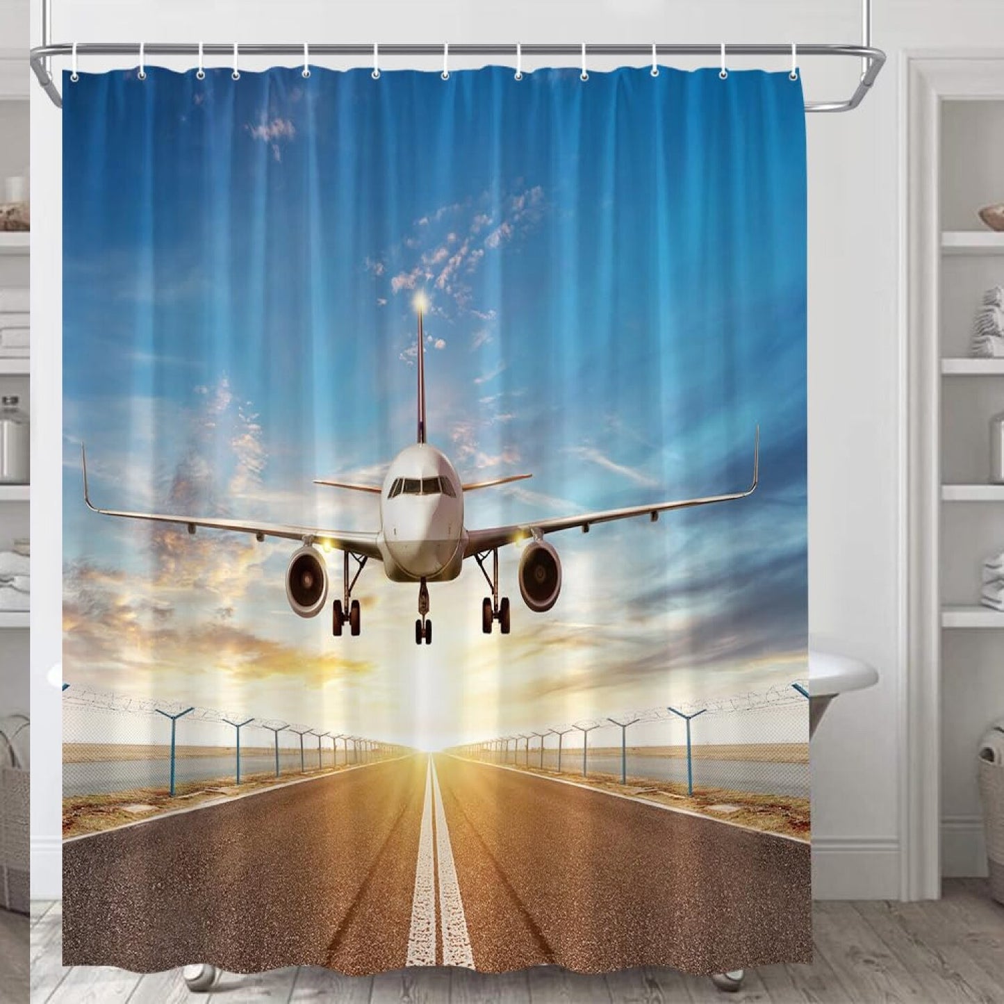 Airplane Shower Curtain Blue Brown 70x70 inches