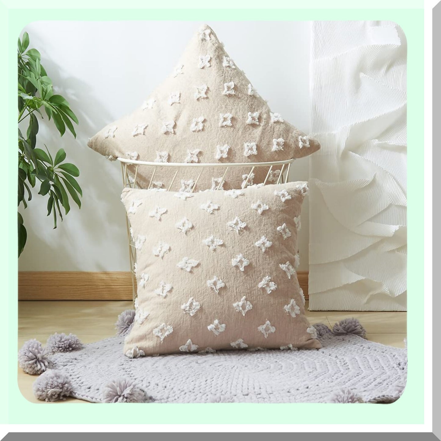 Rhombic Jacquard Throw Pillow Set - Soft Square Cushion Covers for Couch, Sofa, Bed - Beige Living Room Decor - 2 Pack Insert Included