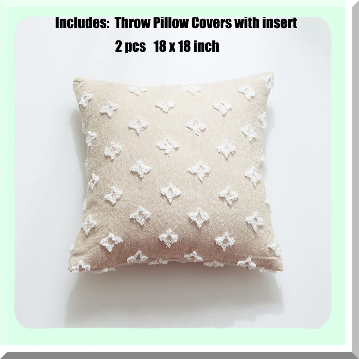 Rhombic Jacquard Throw Pillow Set - Soft Square Cushion Covers for Couch, Sofa, Bed - Beige Living Room Decor - 2 Pack Insert Included