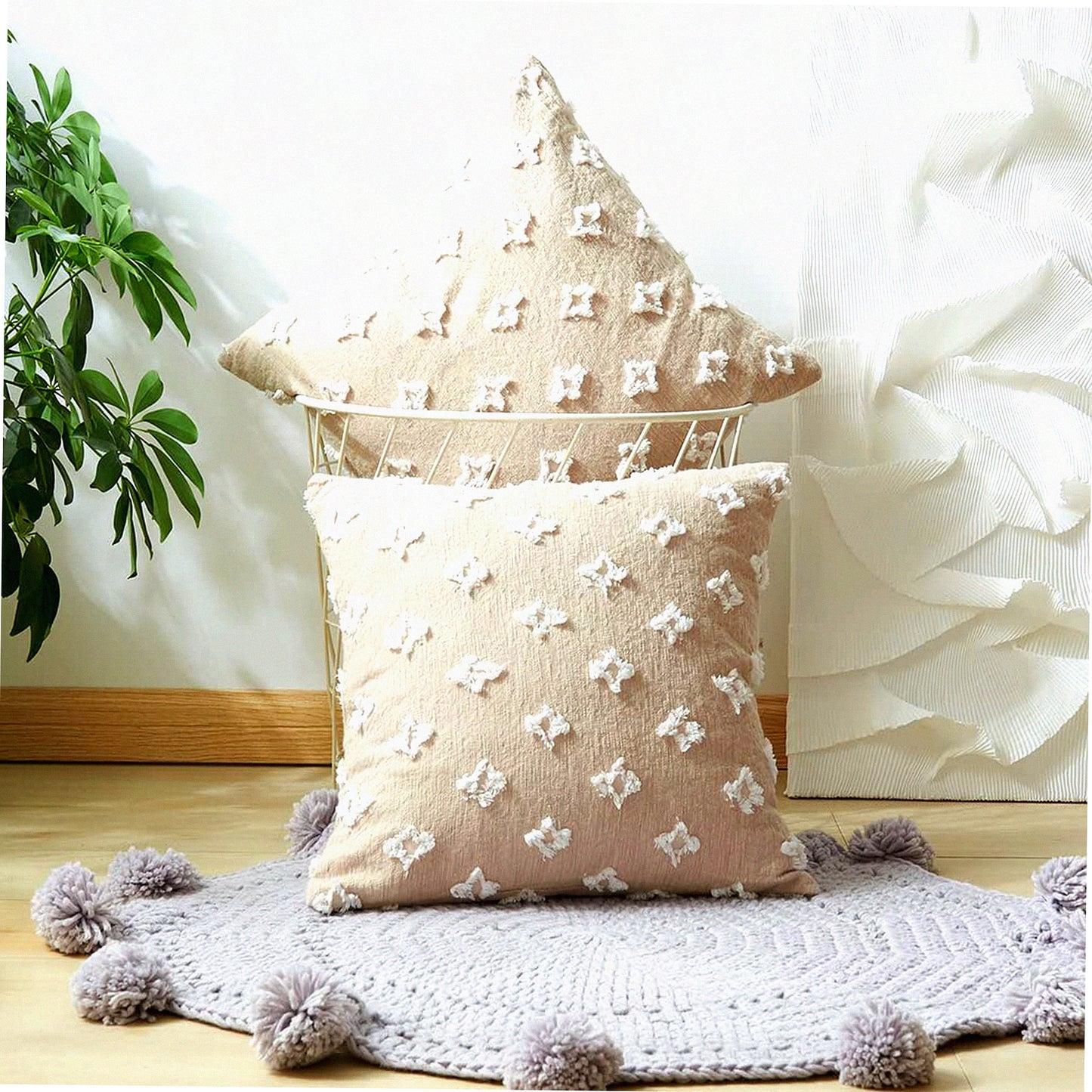 Rhombic Jacquard Throw Pillow Set - Soft Square Cushion Covers for Couch, Sofa, Bed - Beige Living Room Decor - 2 Pack Insert Included