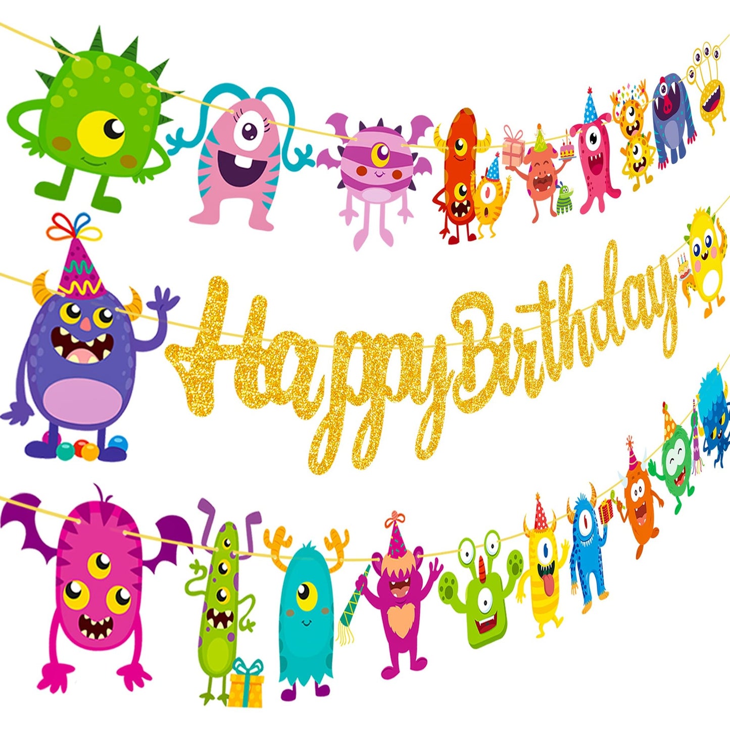 Monster Bash Glitter Birthday Banner - Little Monster Theme Party Decorations for Kids & Baby Shower - Fun Monster Happy Birthday Supplies