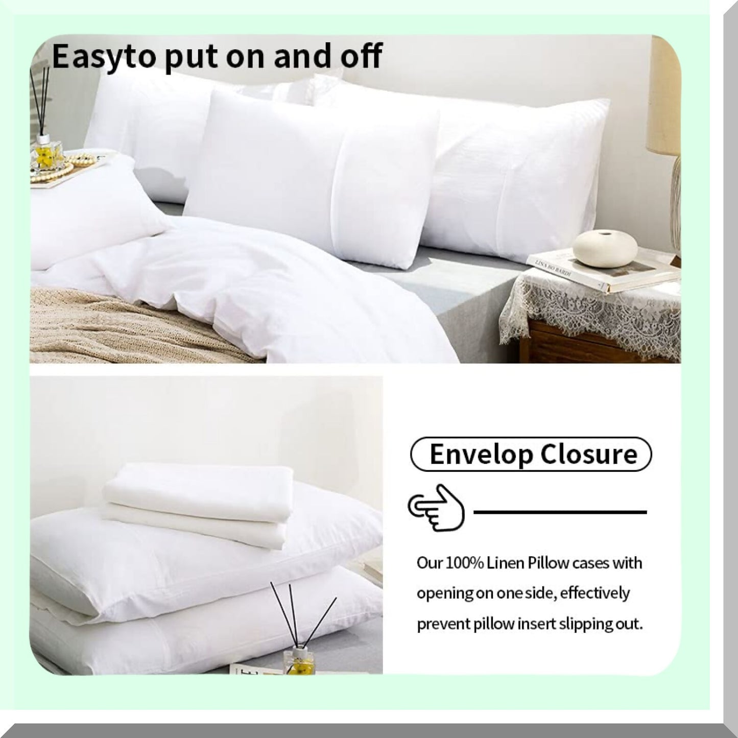 Natural Linen Queen Pillowcase Set - Soft Breathable Standard Pillow Covers - Washed Solid Color Bed Pillow Cases - Flax White Queen Size - Set of 2