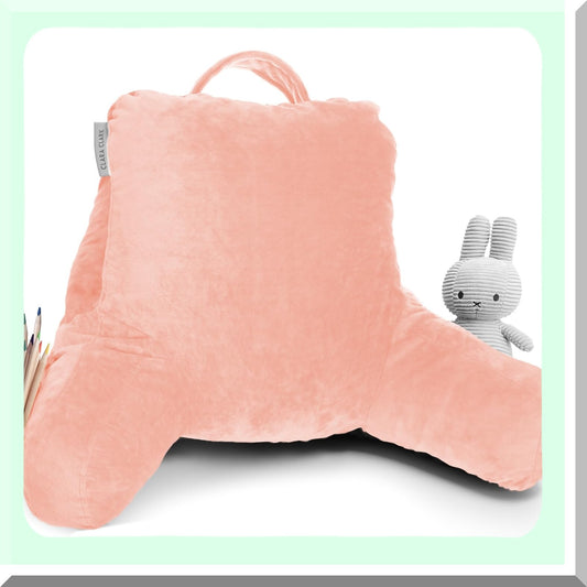 MemoryFoam Kids Reading Pillow - Small Back Support Pillow for Bed - Peach Gaming Pillow with Arms and Pockets - Sitting Up Pillow for Kids