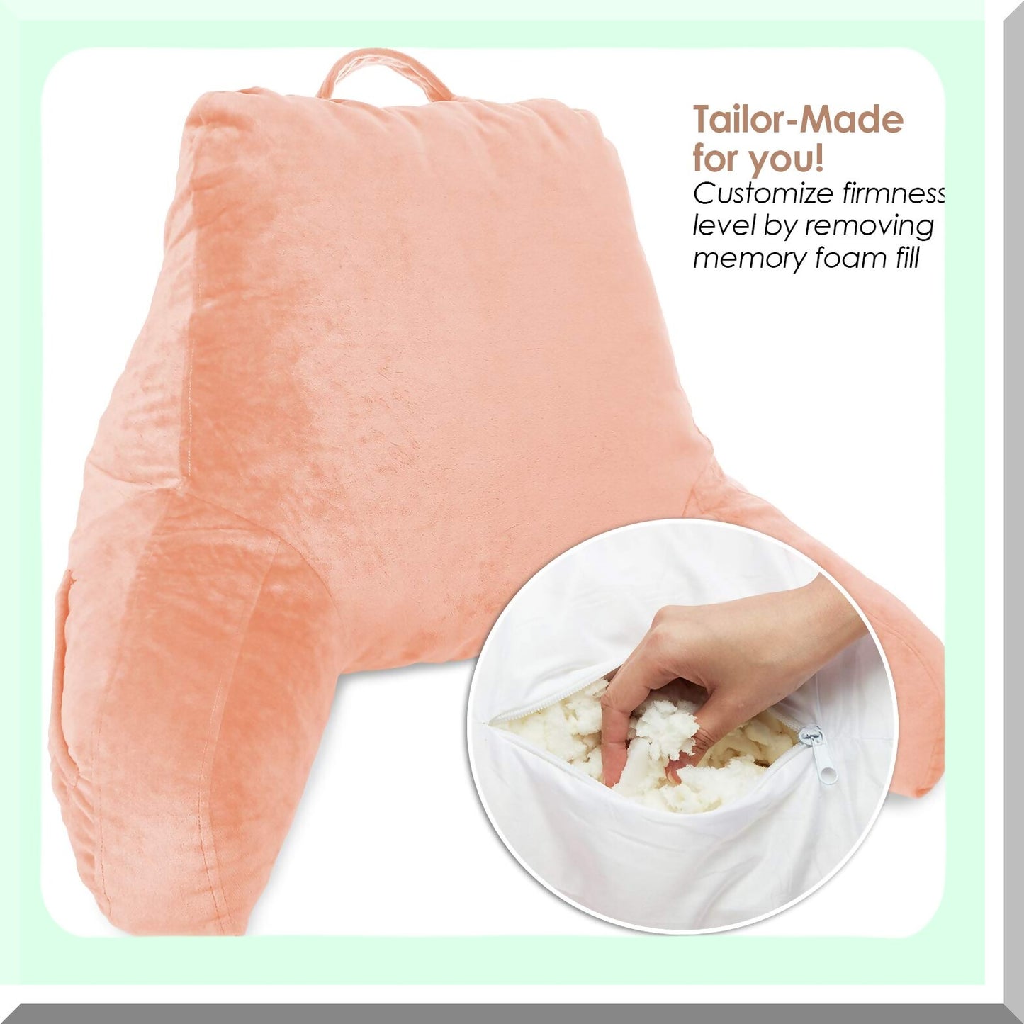 MemoryFoam Kids Reading Pillow - Small Back Support Pillow for Bed - Peach Gaming Pillow with Arms and Pockets - Sitting Up Pillow for Kids