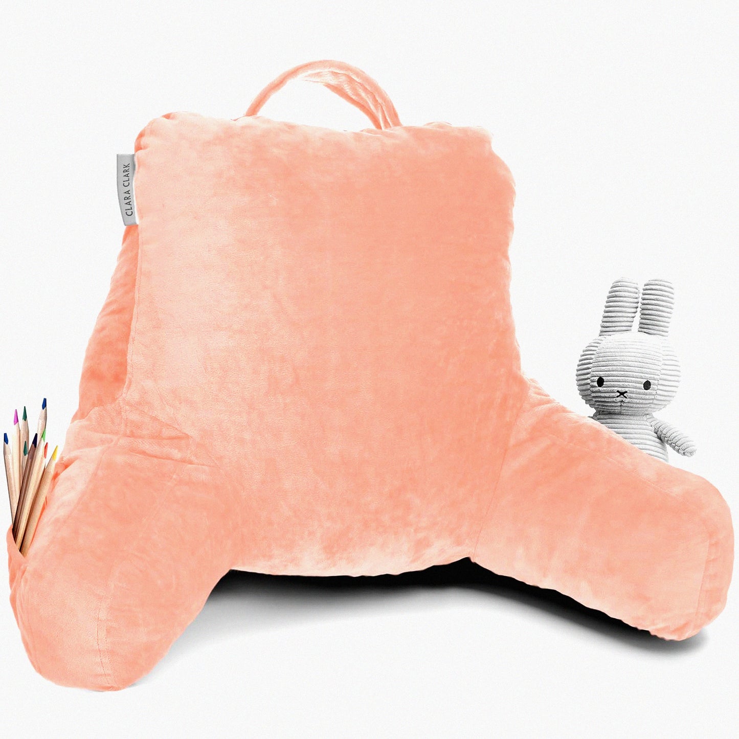 MemoryFoam Kids Reading Pillow - Small Back Support Pillow for Bed - Peach Gaming Pillow with Arms and Pockets - Sitting Up Pillow for Kids