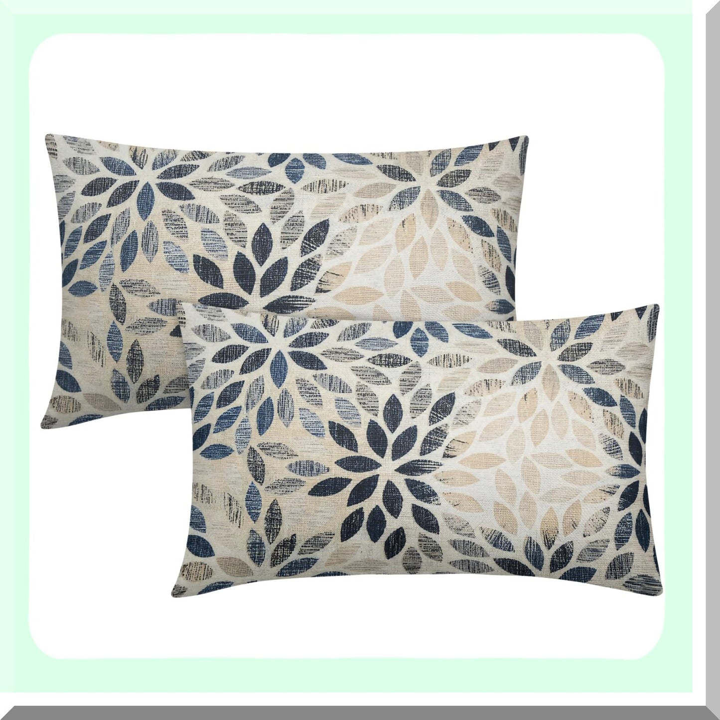 Rustic Geometric Dahlia Lumbar Pillow Covers - Set of 2 | Navy Blue Floral Cushion Cases for Sofa, Bedroom & Outdoor Decor | Beige Tan Gray Farmhouse Home Accent 12x20"