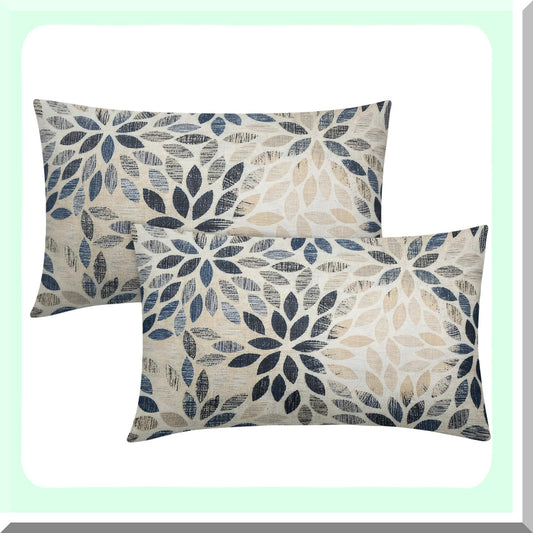 Rustic Geometric Dahlia Lumbar Pillow Covers - Set of 2 | Navy Blue Floral Cushion Cases for Sofa, Bedroom & Outdoor Decor | Beige Tan Gray Farmhouse Home Accent 12x20"