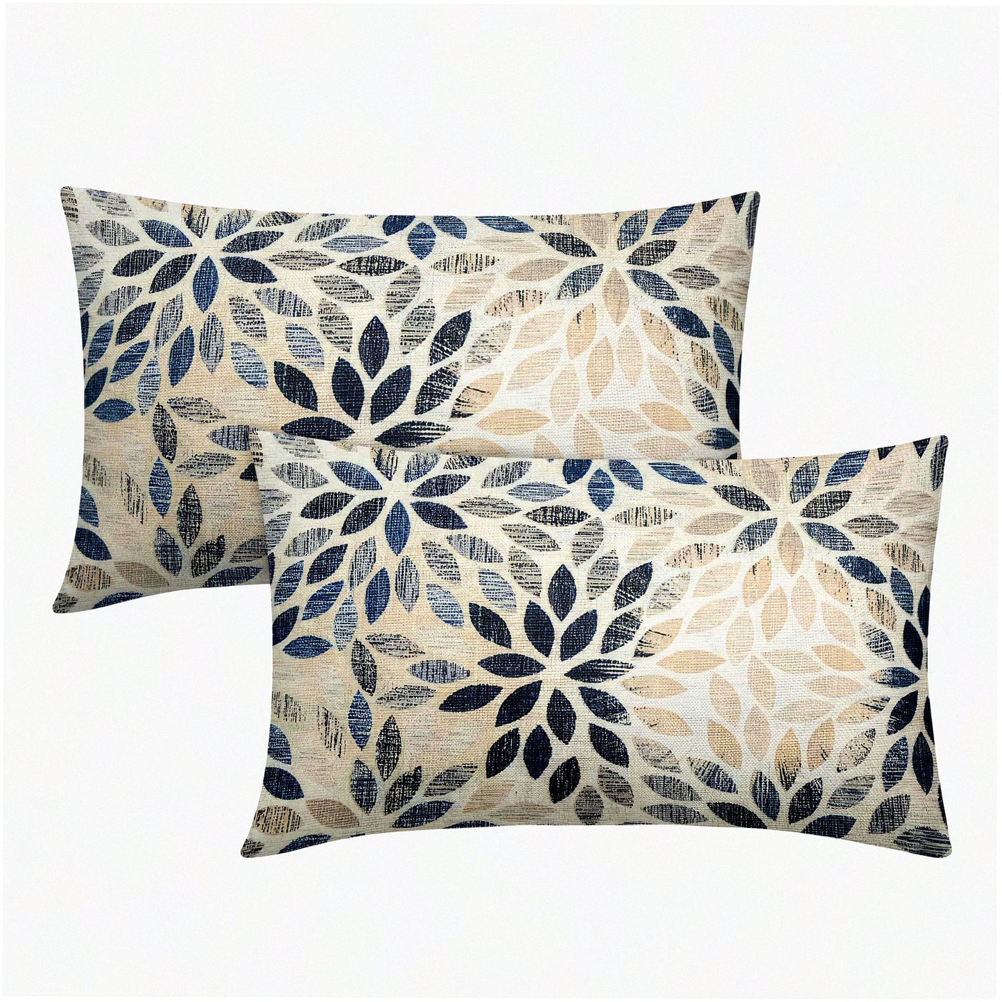 Rustic Geometric Dahlia Lumbar Pillow Covers - Set of 2 | Navy Blue Floral Cushion Cases for Sofa, Bedroom & Outdoor Decor | Beige Tan Gray Farmhouse Home Accent 12x20"