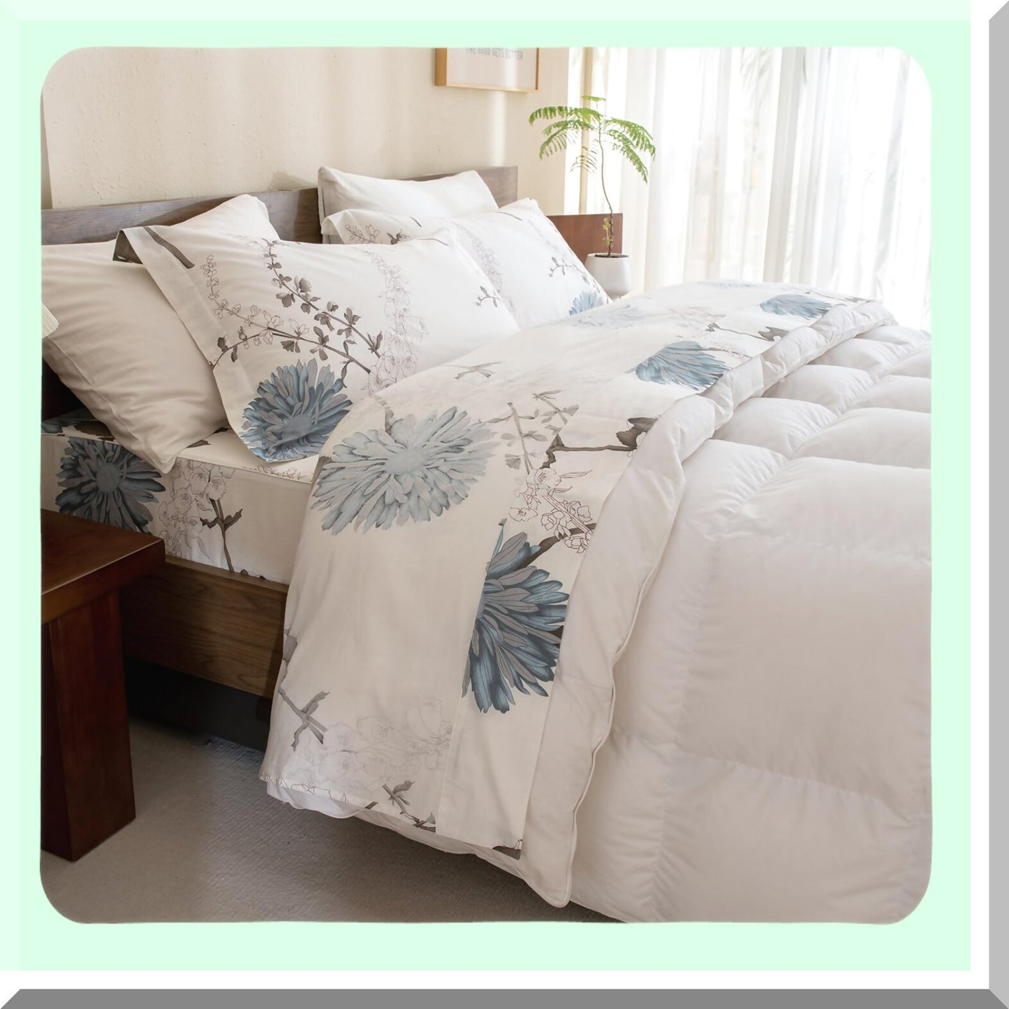 Luxury Botanical Bloom Queen Cotton Sheets - White Floral Plant Pattern Bedding Set - Soft Breathable 4pcs Deep Pocket Sheet Set - Queen Size