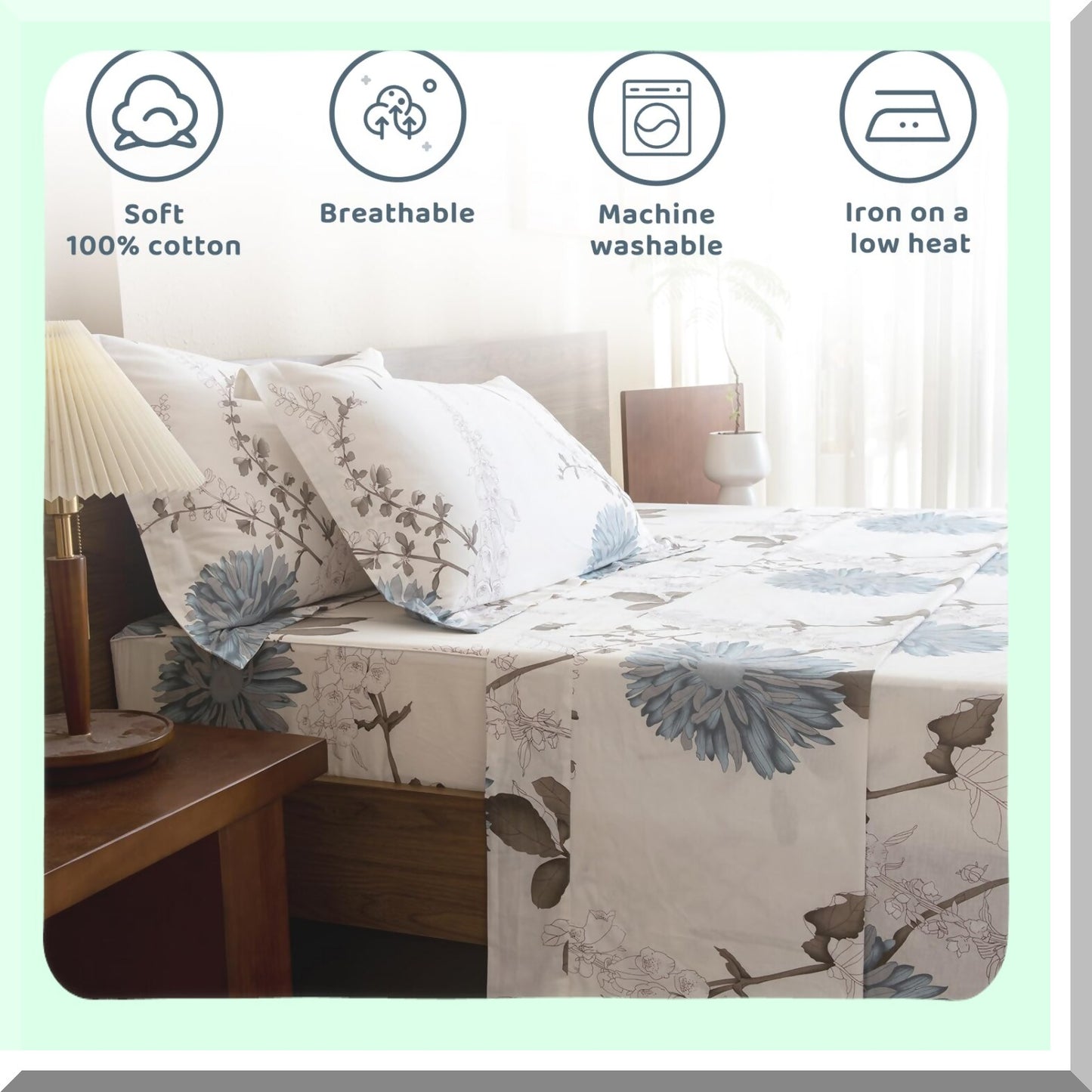 Luxury Botanical Bloom Queen Cotton Sheets - White Floral Plant Pattern Bedding Set - Soft Breathable 4pcs Deep Pocket Sheet Set - Queen Size