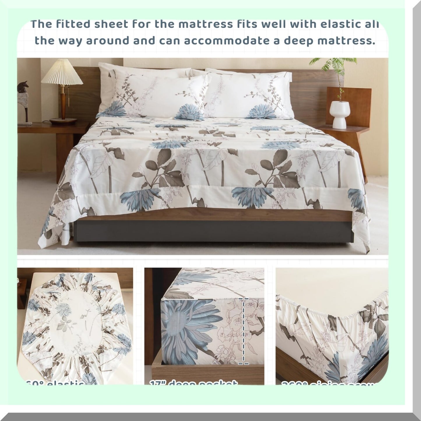 Luxury Botanical Bloom Queen Cotton Sheets - White Floral Plant Pattern Bedding Set - Soft Breathable 4pcs Deep Pocket Sheet Set - Queen Size