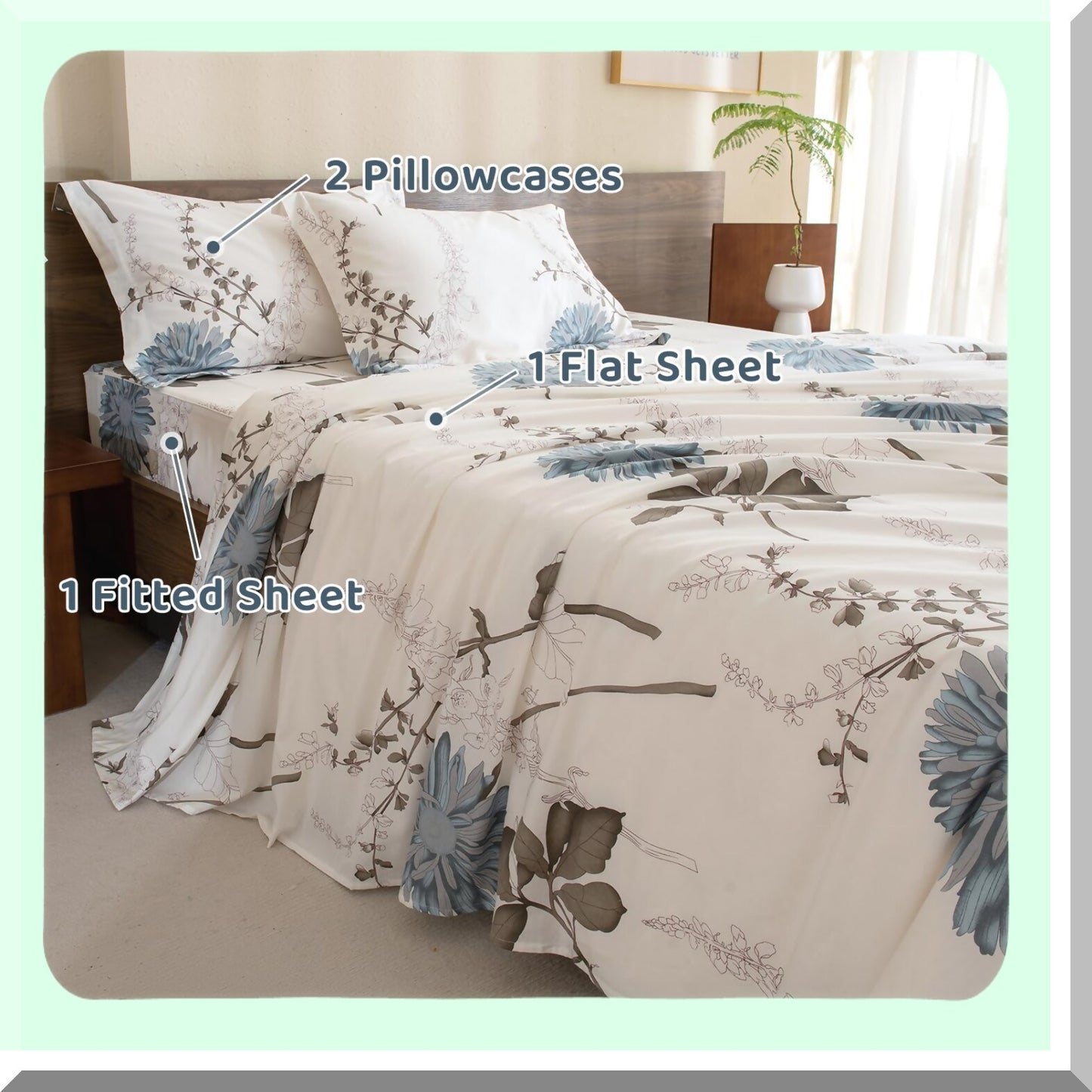 Luxury Botanical Bloom Queen Cotton Sheets - White Floral Plant Pattern Bedding Set - Soft Breathable 4pcs Deep Pocket Sheet Set - Queen Size