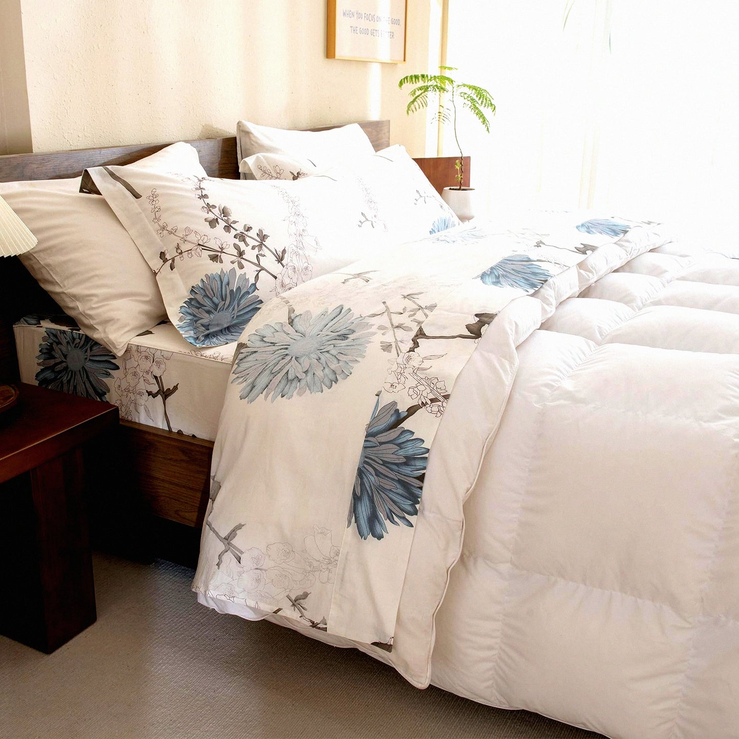 Luxury Botanical Bloom Queen Cotton Sheets - White Floral Plant Pattern Bedding Set - Soft Breathable 4pcs Deep Pocket Sheet Set - Queen Size