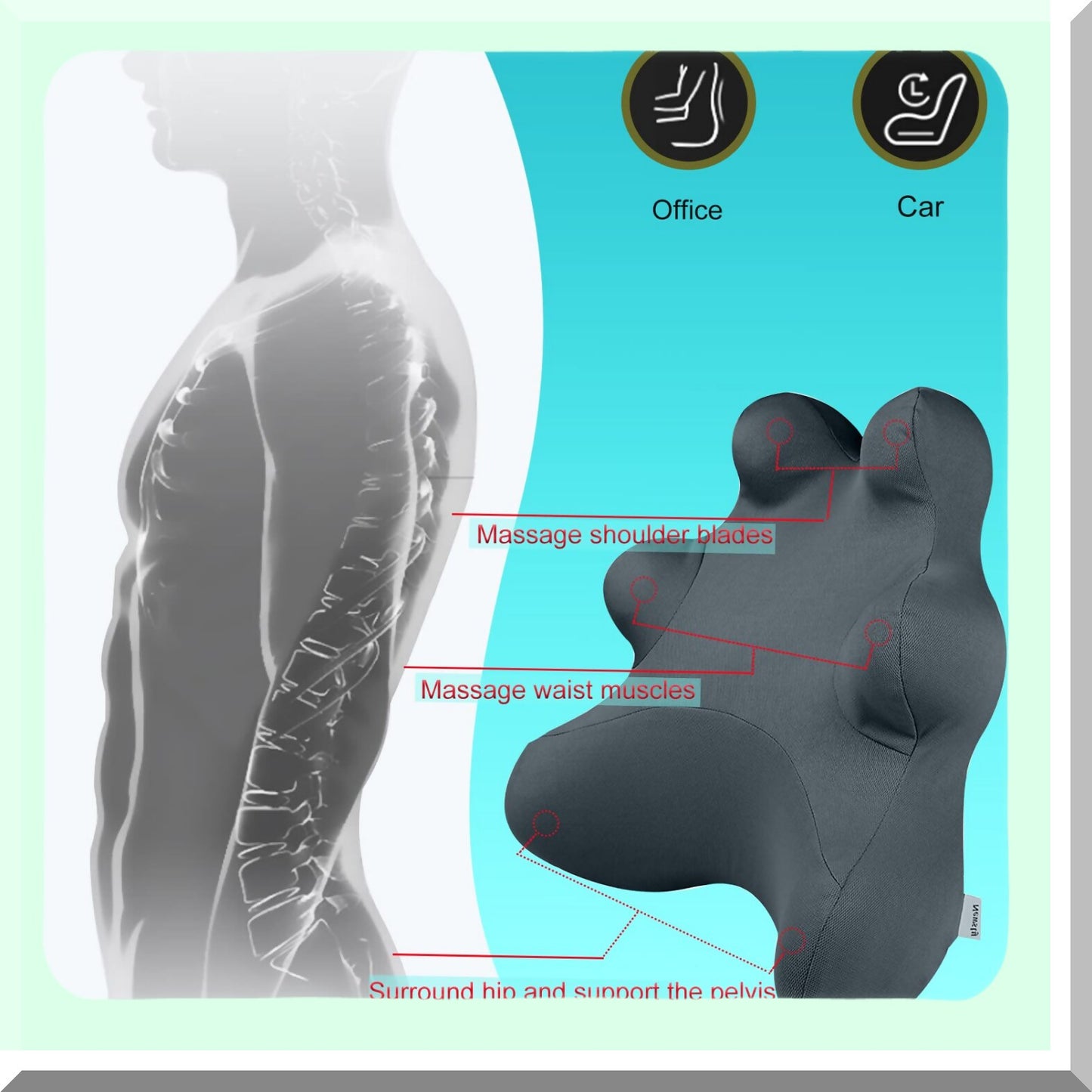 ErgoFlex Lumbar Support Pillow - Adjustable Strap, Patented Design for Office Chair, Back Pain Relief, Muscle Strain - Grey Color