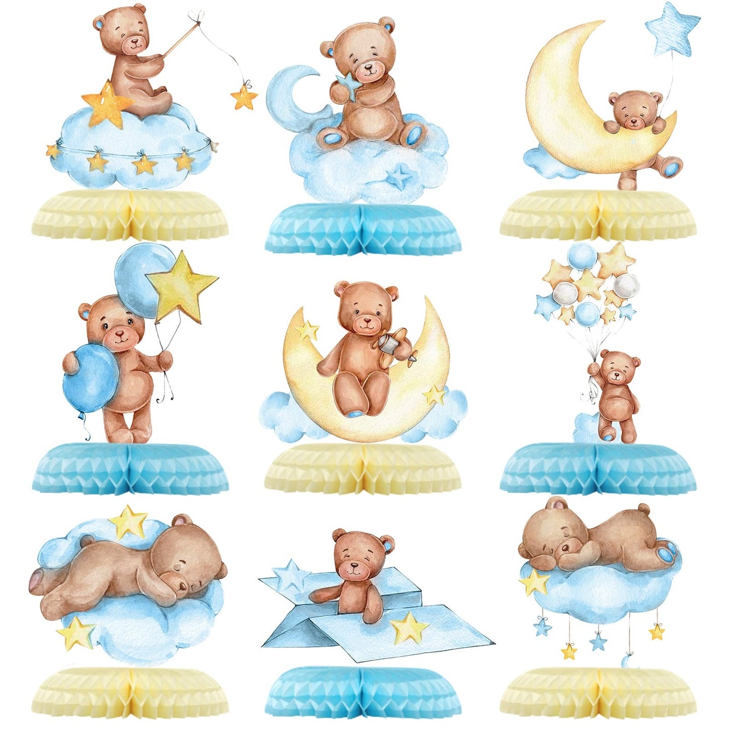 Bear Cub Party Decor Set - 9 Piece Baby Shower Honeycomb Centerpieces & Balloons Cutouts Table Topper. Perfect for Boys Birthday Party Supplies!