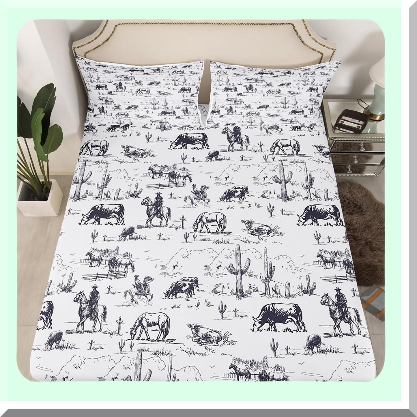 Desert Cowboy Western Bedding Set - White & Black Cow Print Sheets with Deep Pocket Fitted Sheet, Cactus Theme, 2 Pillow Cases - King Size