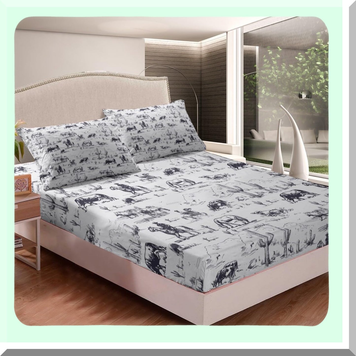 Desert Cowboy Western Bedding Set - White & Black Cow Print Sheets with Deep Pocket Fitted Sheet, Cactus Theme, 2 Pillow Cases - King Size