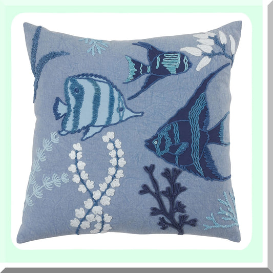 Ocean Breeze Stonewashed Fish Pillow Cover, 20", Blue - Coastal Decor Accent for Home, Beach House, or Nautical Themed Room - Soft and Durable Cotton Fabric