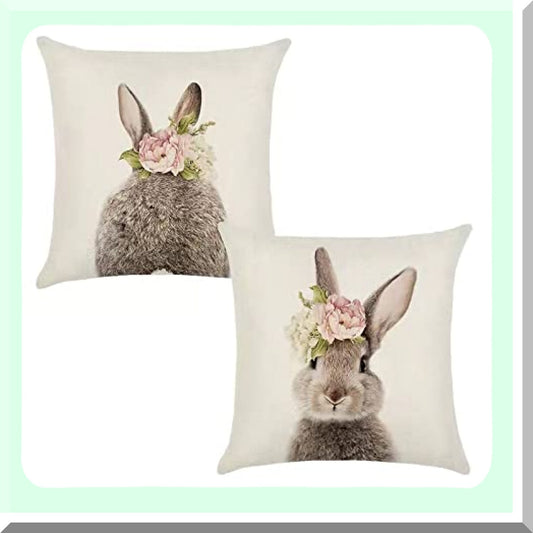 Floral Bunny Cushion Cover Set - 18x18 Cute Rabbit Pillows - Linen Throw Pillow Case for Home Sofa Bed Decor - Bunny Throw Pillow Decorations