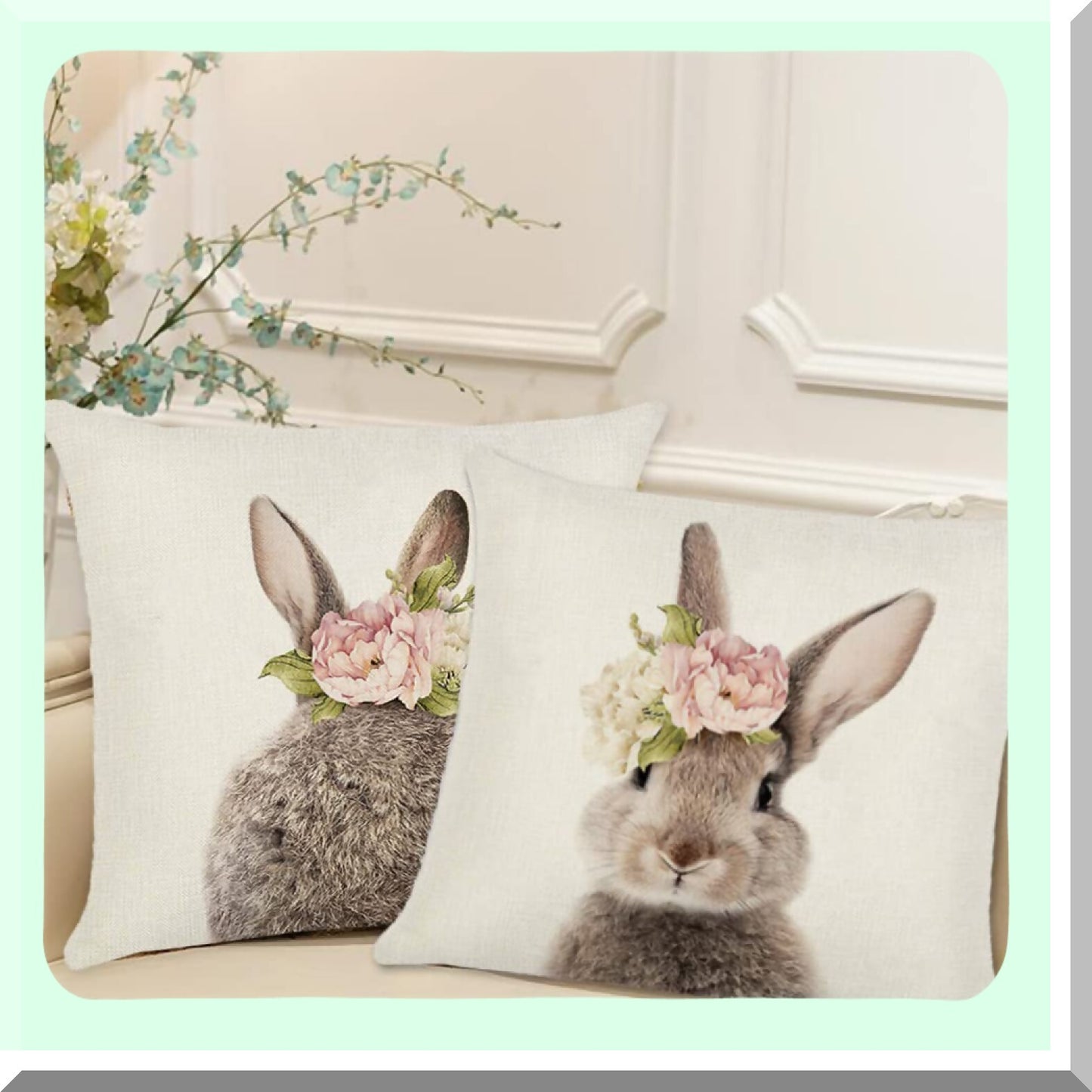 Floral Bunny Cushion Cover Set - 18x18 Cute Rabbit Pillows - Linen Throw Pillow Case for Home Sofa Bed Decor - Bunny Throw Pillow Decorations