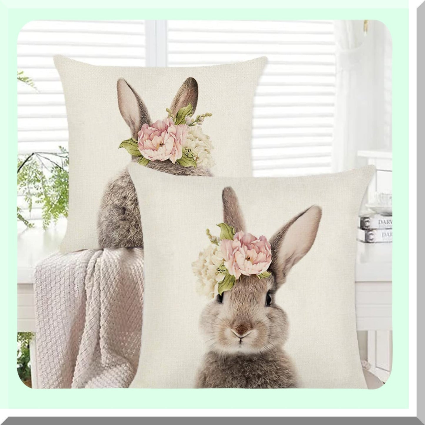 Floral Bunny Cushion Cover Set - 18x18 Cute Rabbit Pillows - Linen Throw Pillow Case for Home Sofa Bed Decor - Bunny Throw Pillow Decorations
