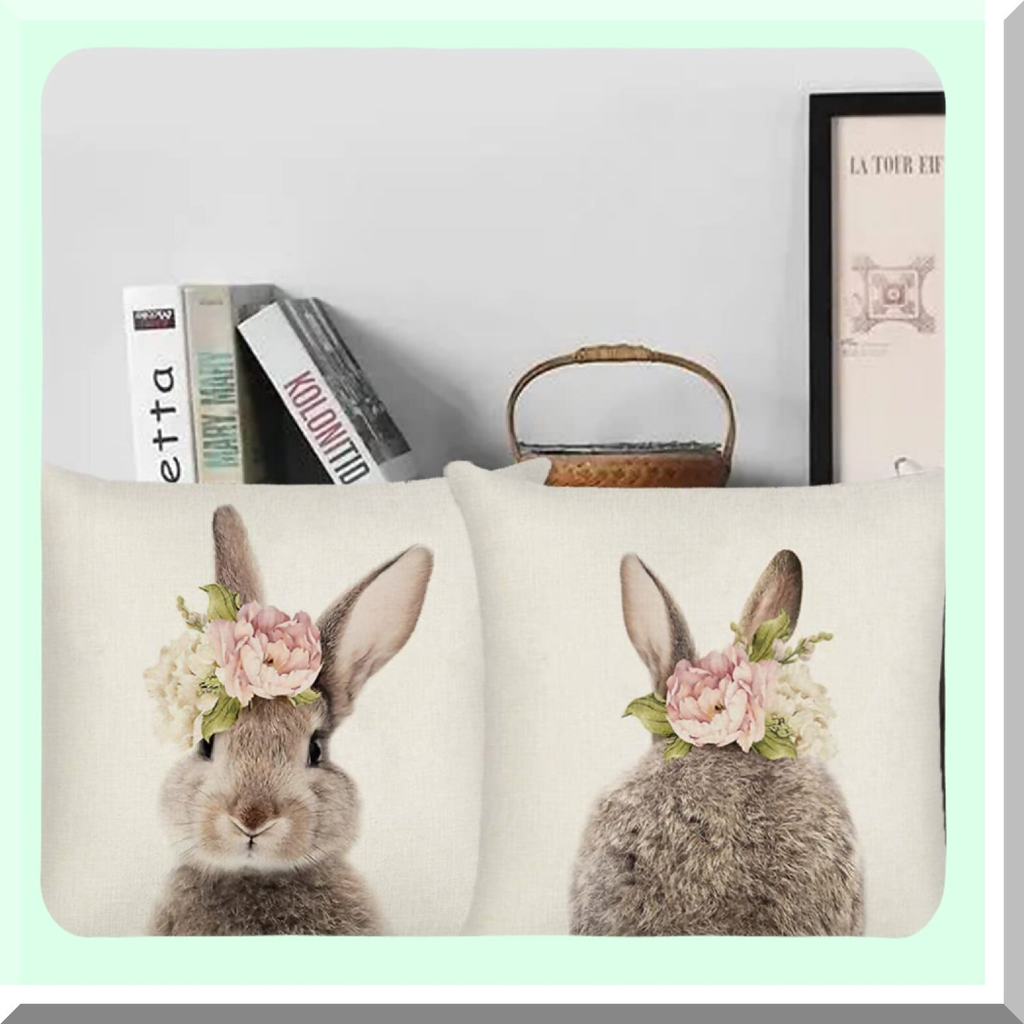 Floral Bunny Cushion Cover Set - 18x18 Cute Rabbit Pillows - Linen Throw Pillow Case for Home Sofa Bed Decor - Bunny Throw Pillow Decorations