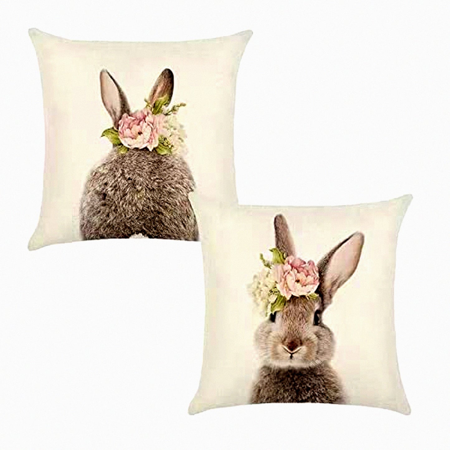 Floral Bunny Cushion Cover Set - 18x18 Cute Rabbit Pillows - Linen Throw Pillow Case for Home Sofa Bed Decor - Bunny Throw Pillow Decorations