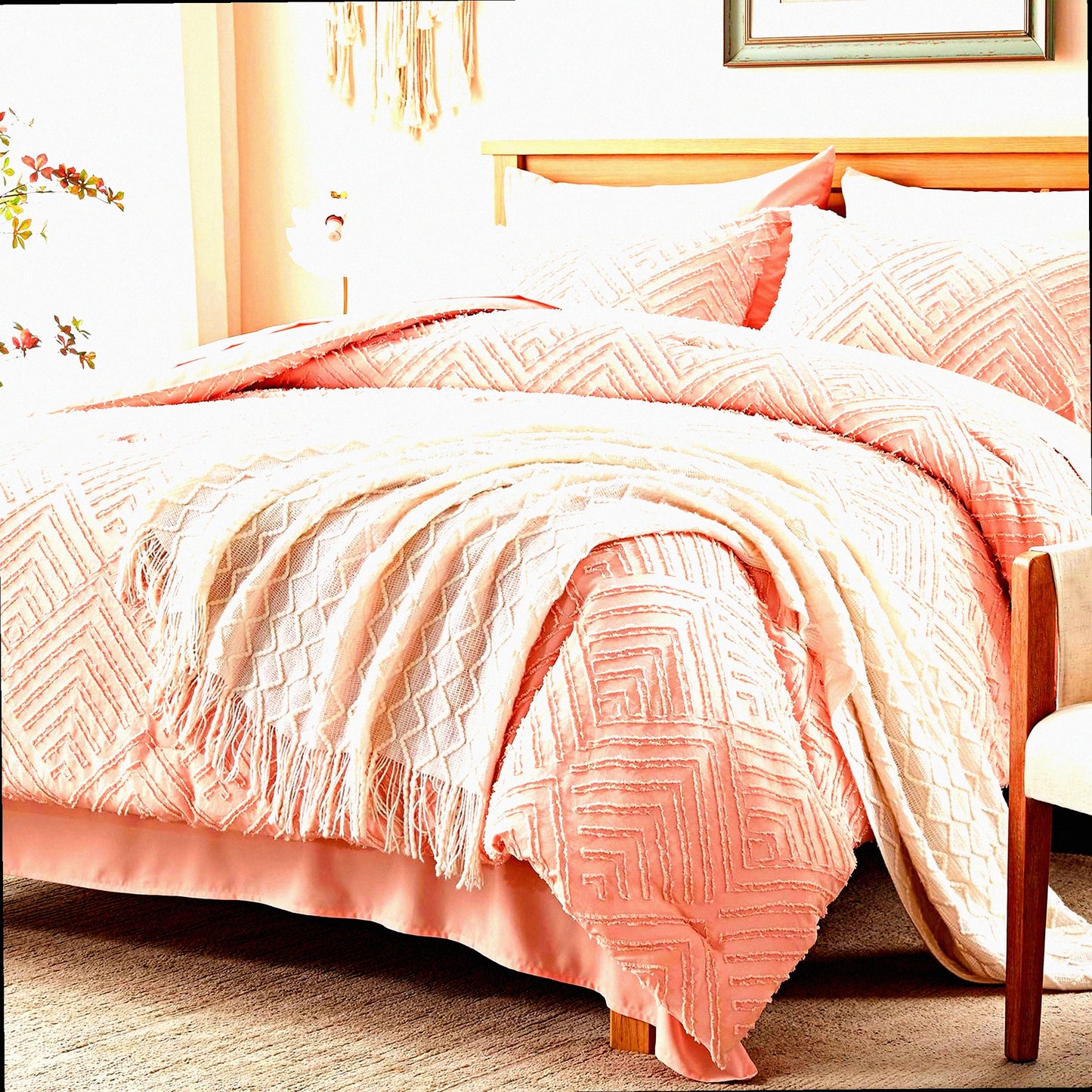 Pink Boho Bliss Bedding Bundle - Twin Comforter Set with Sheets & Pillowcases - 5 Piece All Season Bed in a Bag - Tufted Design for Ultimate Comfort