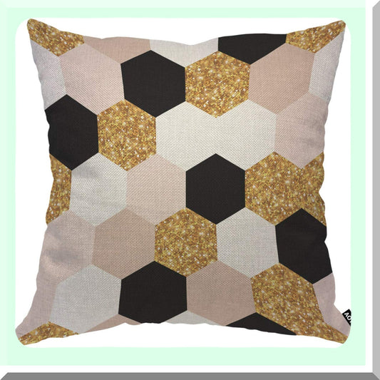 HexaGlam Gold Black White Geometric Pillow Cover - Modern Chic Elegant Grid Design with F Glitter Detail - 18x18 Inch Decorative Cushion for Home Couch or Bed - Ideal for Men, Women, Boys, and Girls