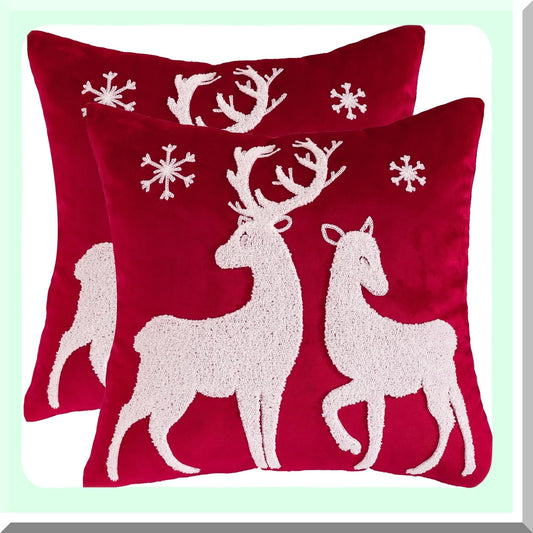 Velvet Snowflake Deer Pillow Covers - Set of 2 | Embroidered Xmas Decorative Cushion Cases 18x18 inch | Festive Holiday Throw Pillow Covers (Deer-red)