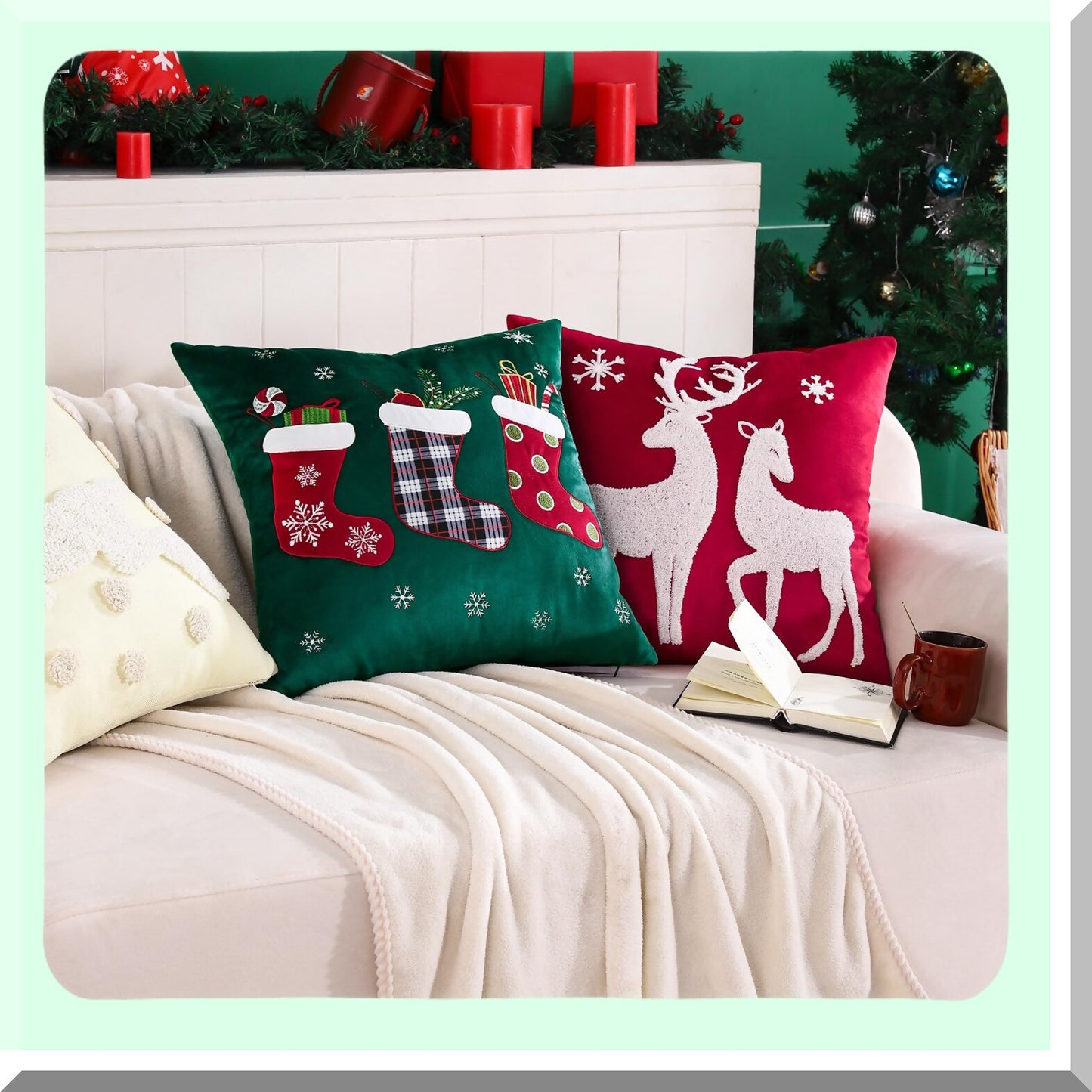 Velvet Snowflake Deer Pillow Covers - Set of 2 | Embroidered Xmas Decorative Cushion Cases 18x18 inch | Festive Holiday Throw Pillow Covers (Deer-red)