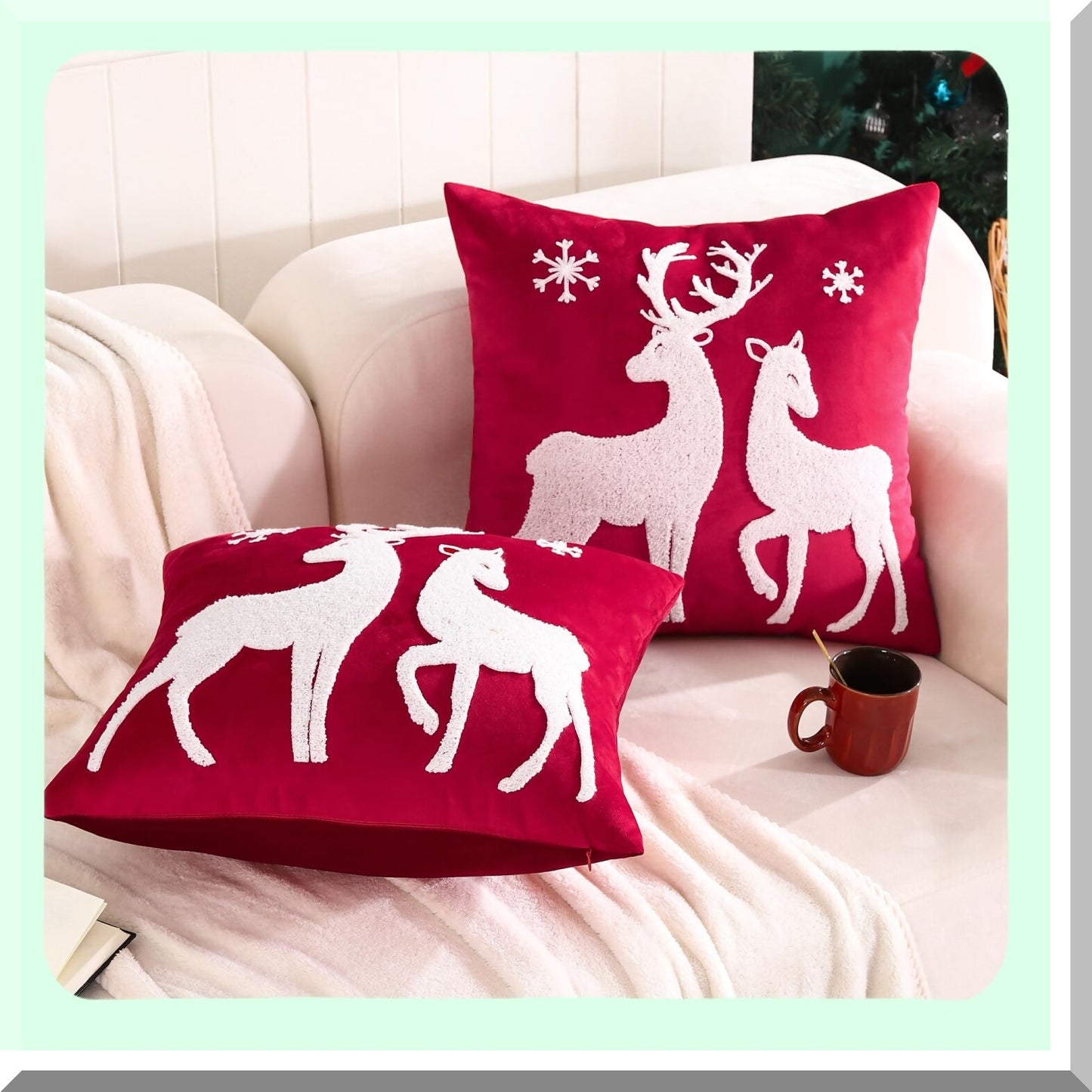 Velvet Snowflake Deer Pillow Covers - Set of 2 | Embroidered Xmas Decorative Cushion Cases 18x18 inch | Festive Holiday Throw Pillow Covers (Deer-red)