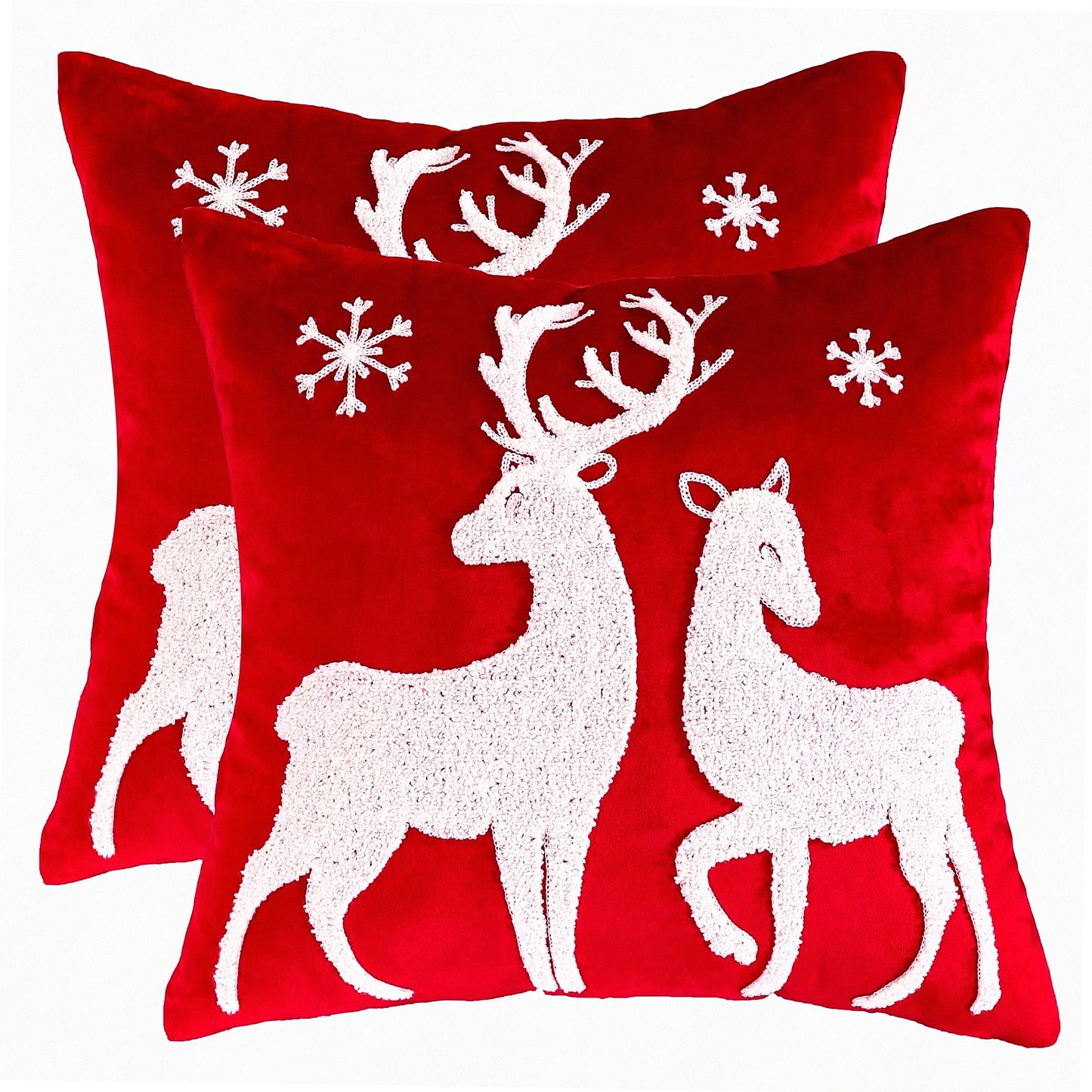 Velvet Snowflake Deer Pillow Covers - Set of 2 | Embroidered Xmas Decorative Cushion Cases 18x18 inch | Festive Holiday Throw Pillow Covers (Deer-red)