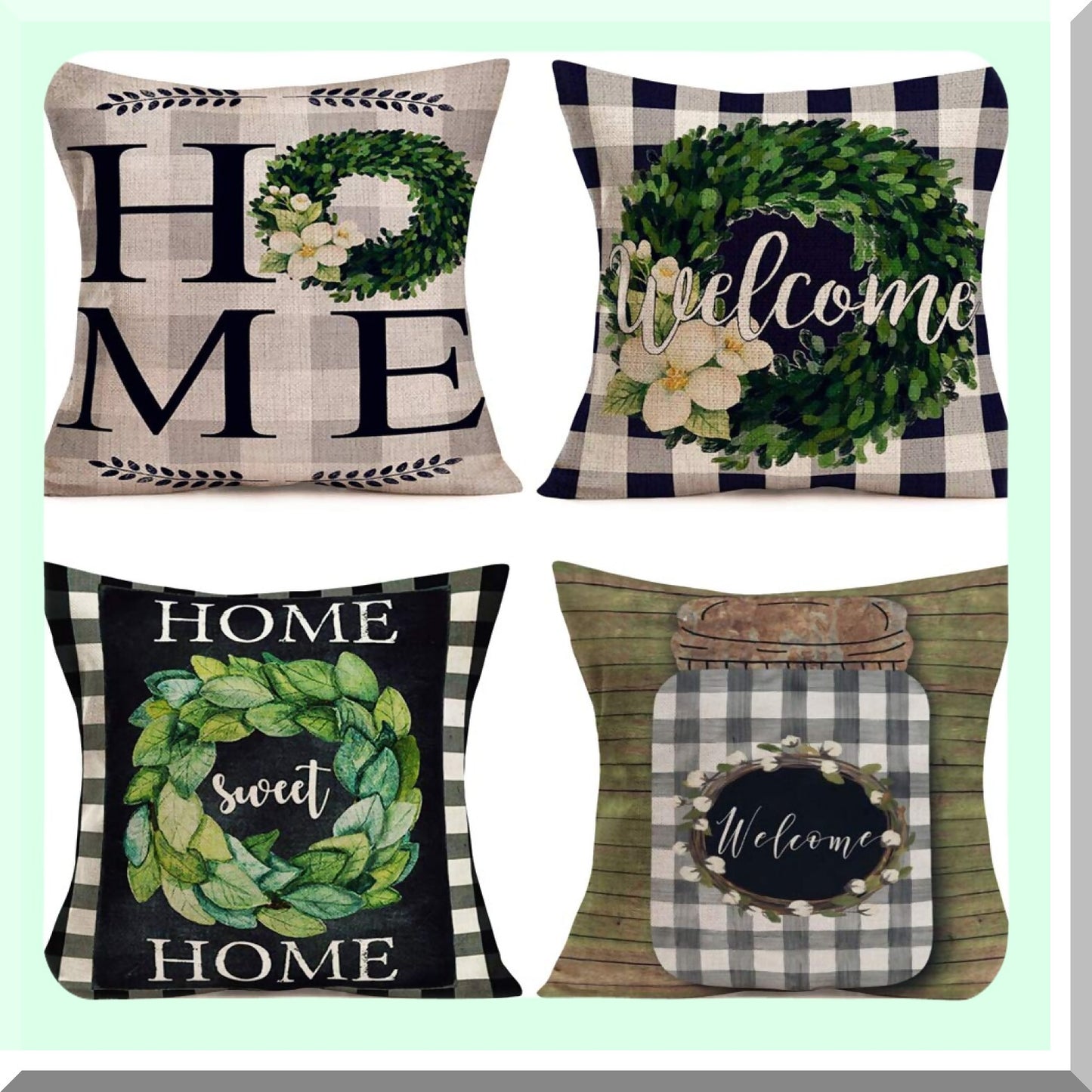 Buffalo Check Plaid Home Sweet Home Pillow Covers - Rustic Farmhouse Decor Set of 4, Vintage Quote Wreath Throw Cases, Cotton Linen Cushion Cover 18x18"